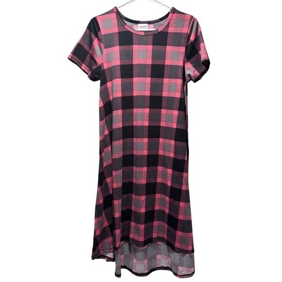 LulaRoe Carly Swing Dress Patch Pocket High Low Hemline Plaid Pink Grey Checked - Picture 1 of 11